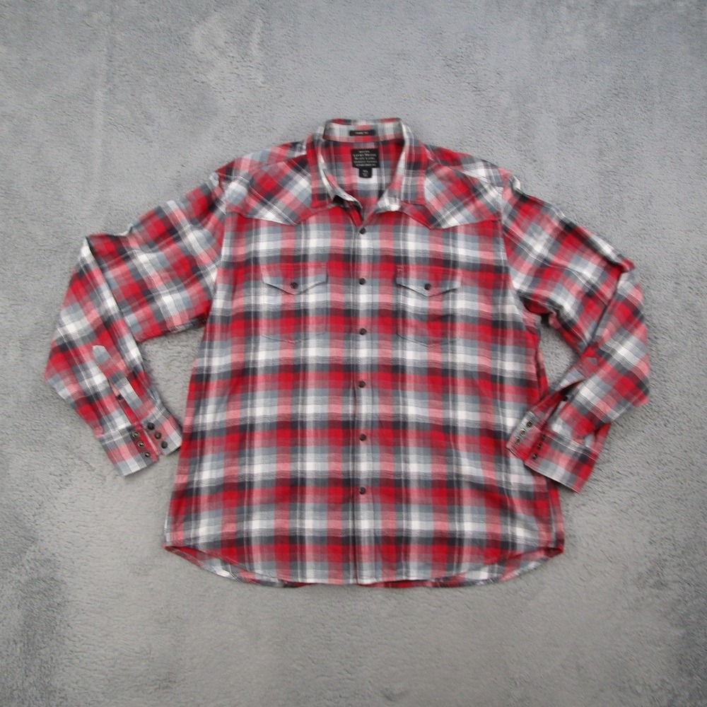 Lucky Brand Western Shirt Mens XL Red Plaid Long Sleeve Pearl Snap Classic Fit